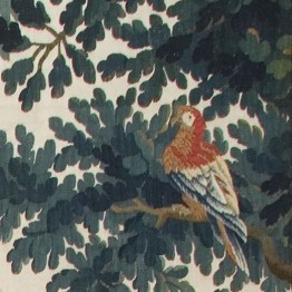 Detail eines Wirkteppichs: Papagei im Baum